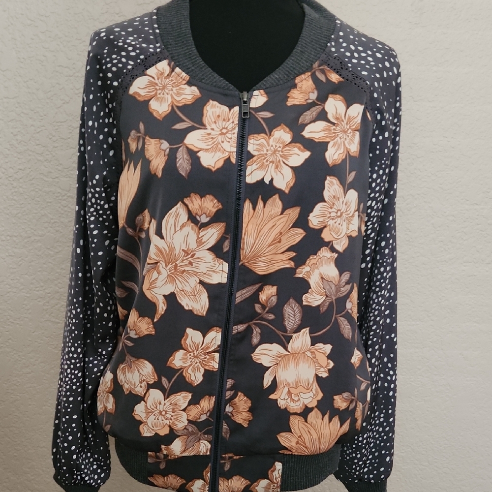 saltwater LUXE Grey Bomber Jacket with Peach Floral Motif